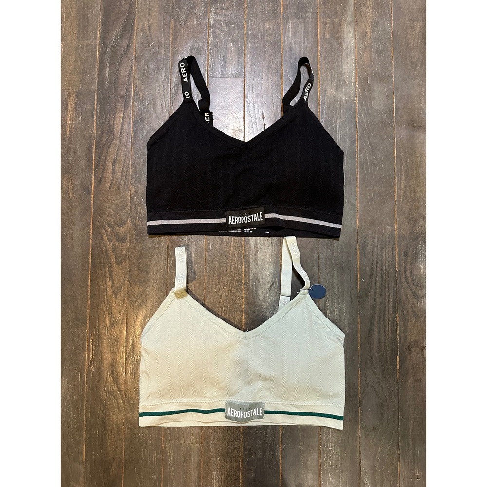 Aeropostale Womens 2 Pack Seamless Bralettes Black Sage Green Logo Straps